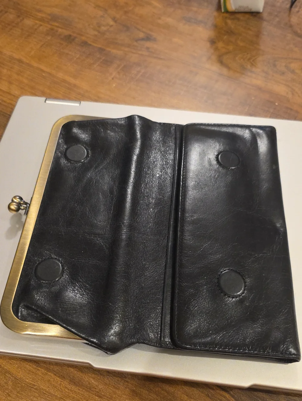 Hobo Black Leather Kiss-Lock Clutch Wallet with Brass Frame